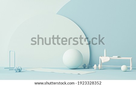 Fitness ball, weights and water bottle.Pastel blue and white colors scene. Trendy 3d render for sport fitness equipment, female concept, lifting in the gym and exercise daily background. Healthy life