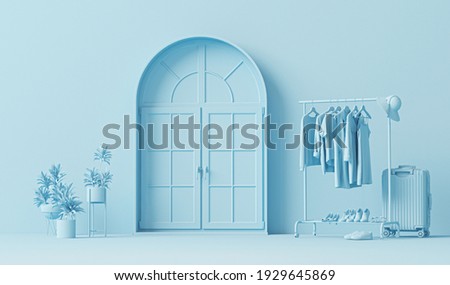 Clothes on a hanger, storage shelf in pastel blue background. Collection of clothes hanging on rack, plants and door concept. 3d rendering, concept for shopping store and bedroom, studio, life style
