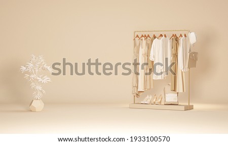 Clothes on a hanger, storage shelf in a cream background. Collection of clothes hanging on rack with neutral beige colors. 3d rendering, concept for shopping store and bedroom

