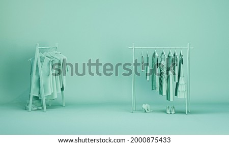 Mens and women cloth shelf, store shelf. Clothes on podium, shelf on pastel blue  and neutral green colors background. Collection of clothes hanging on a rack . 3d rendering