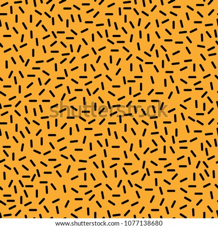 Cool neo hipster style memphis seamless pattern. Minimal ornament with black dashes on orange background. Vector illustration in memphis art style for modern graphic, invitation or booklet templates