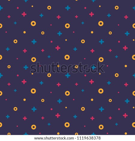 Geometric memphis retro seamless pattern 80s - 90s style. Trendy texture with color funky shapes on violet background. Vector illustration in memphis pop art style for fabric print or poster template