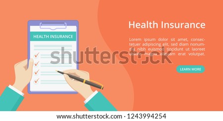 Health insurance policy on clipboard with hands landing page concept. Online service for medical insurance quotes red web page with flat doctor hands, filing health policy checklist form on clipboard