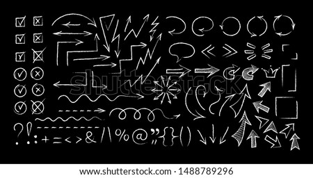 Sketchy arrow chalk style set vector illustration. Group of chalked arrows and checkboxes, chalk marker style symbols for hand drawn diagrams, mind maps and communication highlight drawings