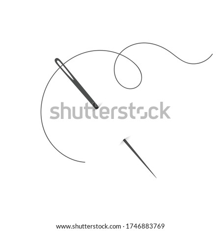 Needle and thread silhouette icon vector illustration. Tailor logo with needle symbol and curvy thread isolated on white background. Tailor logo template, fashion icon element, needlework instrument