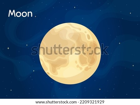 Cartoon space satelite Moon vector illustration. Astronomical object art concept on night sky horizontal space background with cartoon style Earth satelite Moon for children fantasy graphic design