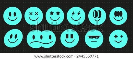 Space trippy smiley face 90s aesthetic set, vintage blue neon y2k smile symbol design, modern techno cute avatar sign graphic, psychedelic groovy emoji shape set, geometric trendy figure collection,