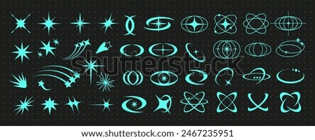 Cyber geometry y2k aesthetic star and planet set, retro abstract rave atom shape graphic, blue neon 90s sparkle element vector, vintage acid figure set, geometric trendy groovy symbol collection