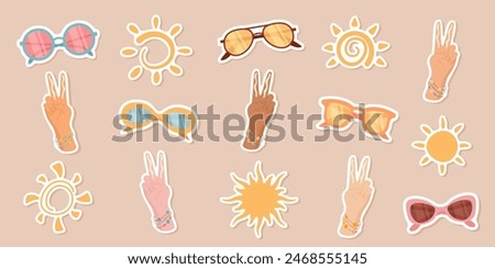 Sunscreen collection with sunglasses hands and sun symbols, isolated uv block sticker set and summer sun glasses, woman hands with two finger rule apply sun protection cream or spf cosmetic product.