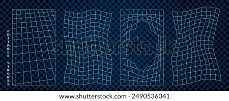 Abstract 3D wireframe shapes with wavy mesh grids. Neon blue Y2K geometry and futuristic patterns. Cyberpunk digital elements with surreal and psychedelic tech art.