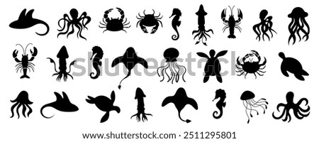 Silhouette collection of underwater marine animals against a white background. Includes a variety of sea creatures, such as octopus, crab, seahorse, and jellyfish. Ocean life set.