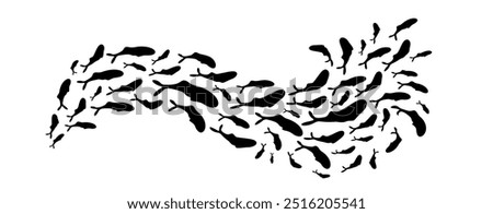 A school of fish in a wave silhouette pattern. This underwater scene captures the essence of marine life in the ocean, forming unique shapes in the water. For border ornament or logo design.