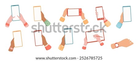 Cartoon hands hold digital devices like smartphone, tablet, and watch. Isolated phone design set with blank screen. Concept of online communication and app use, suitable for digital interfaces