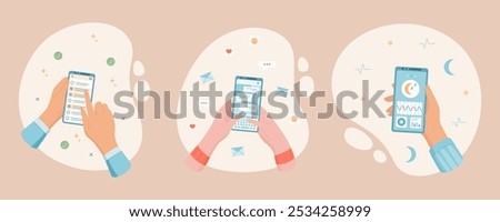 Smartphone and mobile phone cartoon set showing app screen with chat and message. Hands hold devices for online social media interaction, concept of digital communication and technology.