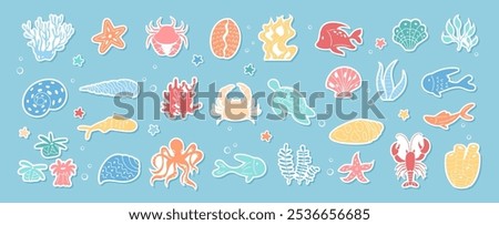 Vector set of colorful marine life in the ocean. Includes sea creatures like fish, crabs, and starfish among aquatics plants. Great for underwater themed designs.