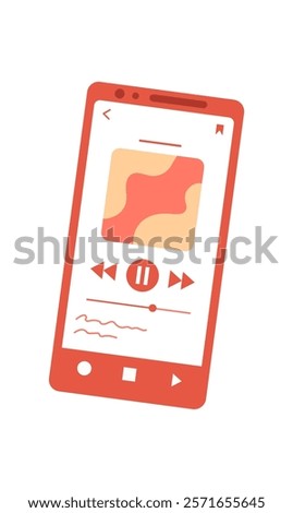 Smartphone displays a flat media app screen. The mobile device shows an entertainment application with a play button. The user interacts with the touchscreen while enjoying video content, digital