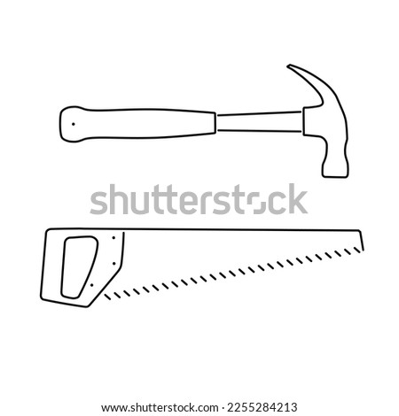 Collection of vector images of ordinary hammer and handsaw for professional woodworking and for home wooden crafts