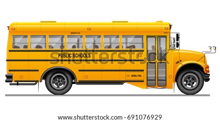 Yellow classic school bus. Side view. American education. Three-dimensional image with carefully traced details. White background.