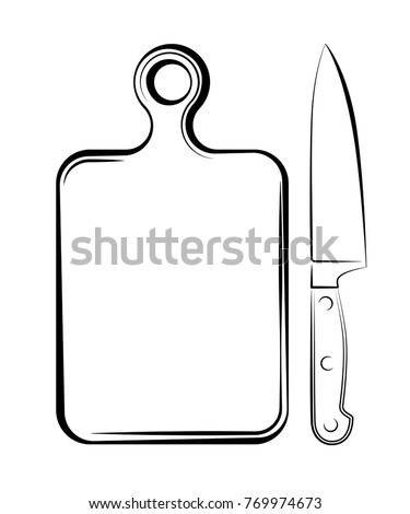 A sharp knife and a cutting board in the kitchen of the restaurant. Black and white logo blank. The process of cooking. Copy space.