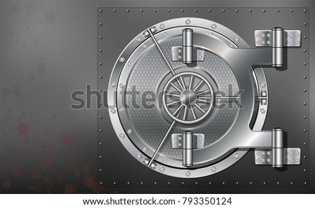 A huge metal round safe door. Reliable saving of secrets and passwords. Copy space.