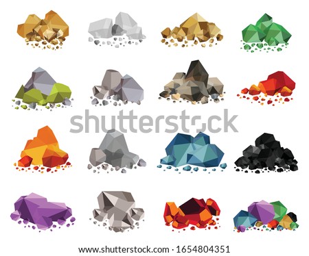 Set of color rocks, salt, gold, gravel, emerald, rubies, cristal, hot embers, bronze, silver.