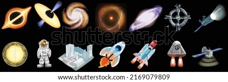 Drawings of astronomy, the universe, and space travel spaceship,2d illustration