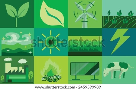 Graphic illustrations of various industries that must take care of the environment and society.