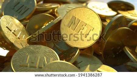 NFT golden coins in pile. Non fungible tokens dropped casually in a large pile, close-up shot. Embossed circuit design, shiny gold color with bright sunlight. Trendy cryptocurrency art coins.