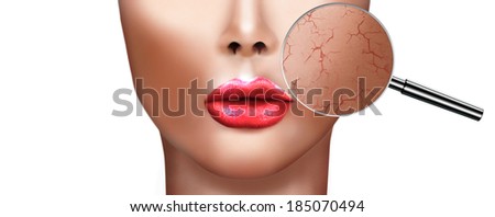 Digital painting of Healthy beautiful young girl with magnifying glass of skin damage, isolated on white background