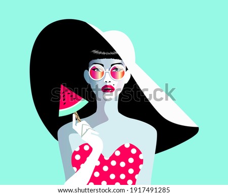 Vector illustration of a beautiful woman. Concept  for fashion, summer holiday, wedding, anniversary, birthday party in  pop art, retro, vintage style