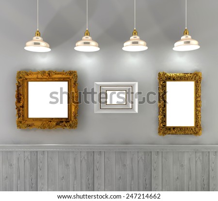 3d Illustration, retro interior with empty paintings in gold frame and ceiling  lights.