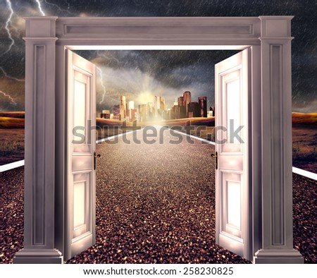 3d rendering, opened door on empty road towards a distant city. Conceptual new way, entrance to new world, heaven, life, hope.