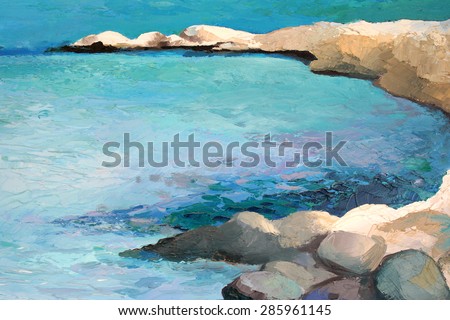 Original painting, artwork, oil on canvas, natural beach cove in Greece