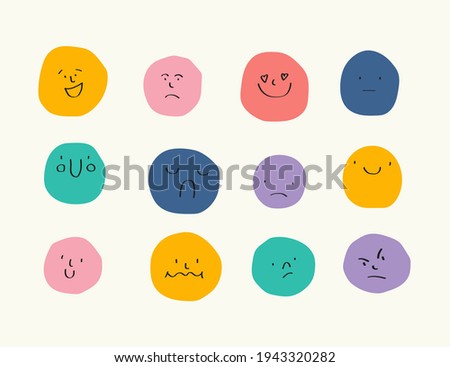 Round abstract Faces with various Emotions. Drawing style. Different colorful characters. Cartoon style. Flat design. Hand drawn trendy Vector illustration. Every face is isolated
