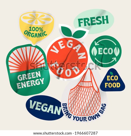 Bio organic labels. Ecology protecting, fresh, organic, vegan, green energy, recycle concept vector illustration icons set. Eco friendly lifestyle. Ecological stickers.