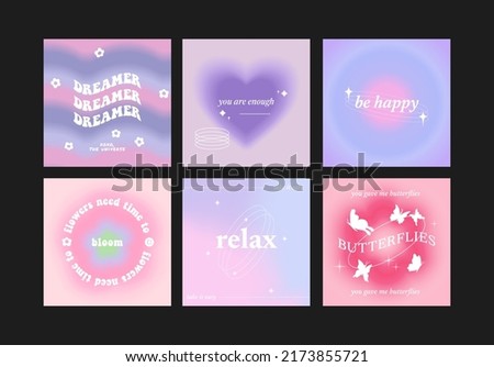 Beautiful gradient postcards with hearts, quotes, butterflies, flowers, waves and stars.Trendy gradients, typography, y2k. Social media post templates for digital marketing and sales promotion.