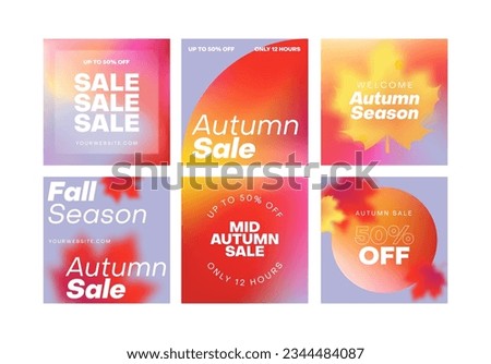 Autumn gradient aesthetic square posts set. Minimal vector background covers with blur and maple leaves.