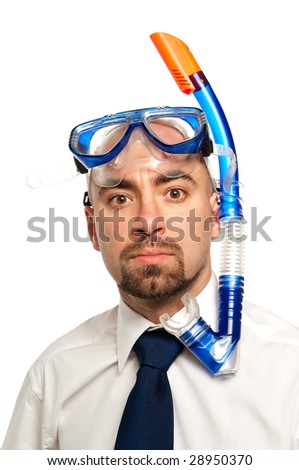 Businessman isolated on a white background looking worried wearing a snorkel and mask