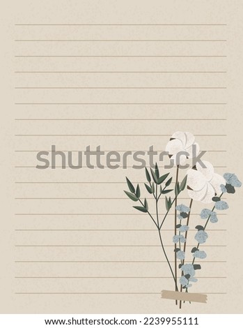 Vector sheet of notebook paper with boho flowers (cotton, laurel, eucalyptus). Textured aged ruled copybook paper sheet. Template for notes, letters, scrapbooking, and others. 
