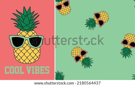 cool pineapple with sunglasses and slogan. Summer graphic with seamless pattern for boys and kids fashion