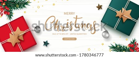 Christmas present, Sale season. Xmas banner decorative border ornament with Gift box, Christmas ball, red berry, green pine, star, isolated on white wooden background. Flat lay. Vector illustration. 