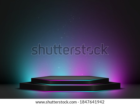 Hexagon black podium, decoration with neon light colorful design on dark background. Stage empty for decor product, advertising, show, contest, award, winner. Vector illustration.