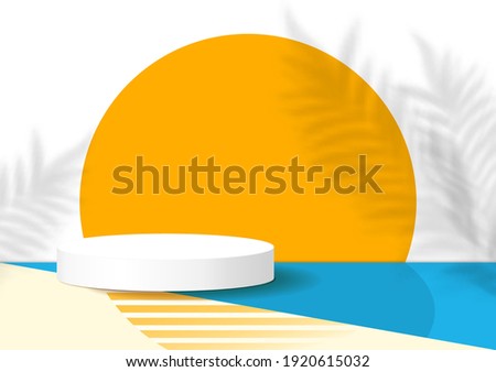 White podium decoration with scene summer, sun, blue and yellow background. Stage platform for display product, show, sale. Abstract backdrop decor with tropical plant shadow. Vector illustration.