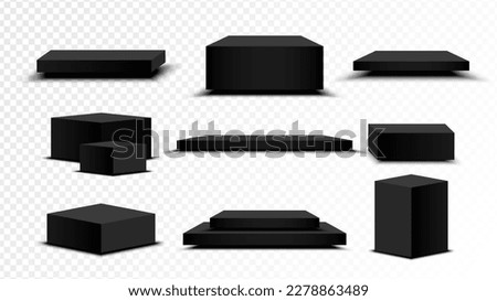 Set of Black square base. Collection of podium stand isolated on transparent background. Stage empty for decor product, advertising, show, contest, award, winner. Platform studio. Vector illustration.