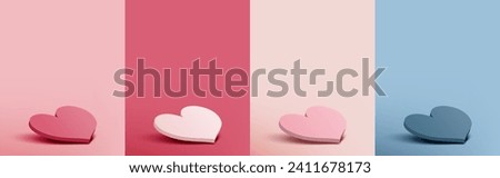 Set of blank hearts pedestal view tilted stylish for display on pink, peach, and blue background. Minimal style. Vector illustration.