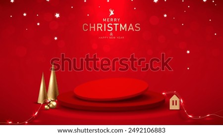 Christmas background. Red background design for product display. Tilted base on podium decoration with Light decorative, Christmas balls, Tree abstract metal shape. Elegant style. Vector illustration.