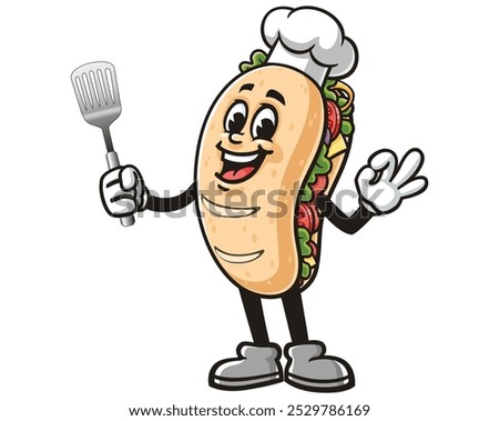 Sub Sandwich holding a spatula and wearing a Chef's Hat, Cartoon Mascot Illustration Character Vector Clip-art Hand-drawn Logo Design