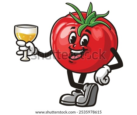 Tomato with a Glass of drink, Cartoon Mascot Illustration Character Vector Clip-Art Hand-Drawn Logo Design