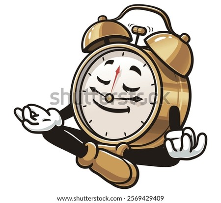 Meditating Alarm Clock Cartoon Character Mascot Illustration Vector Clip-art Hand-drawn Logo Design