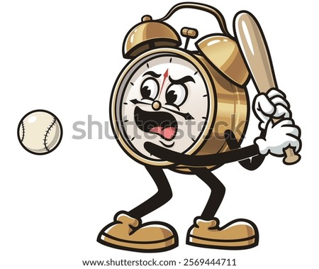 Alarm Clock playing baseball,     Cartoon Character Mascot Illustration Vector Clip-art Hand-drawn Logo Design